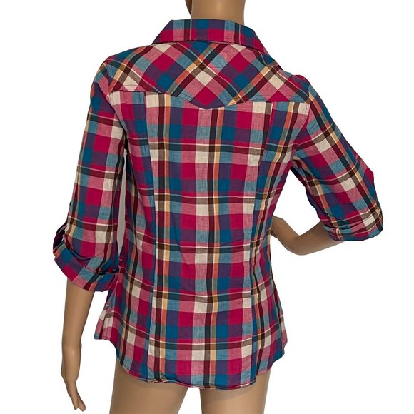 NEW Women's Passport Multicolor Plaid Shirt, Size M, Long Sleeve, Breast Pockets - Picture 4 of 5